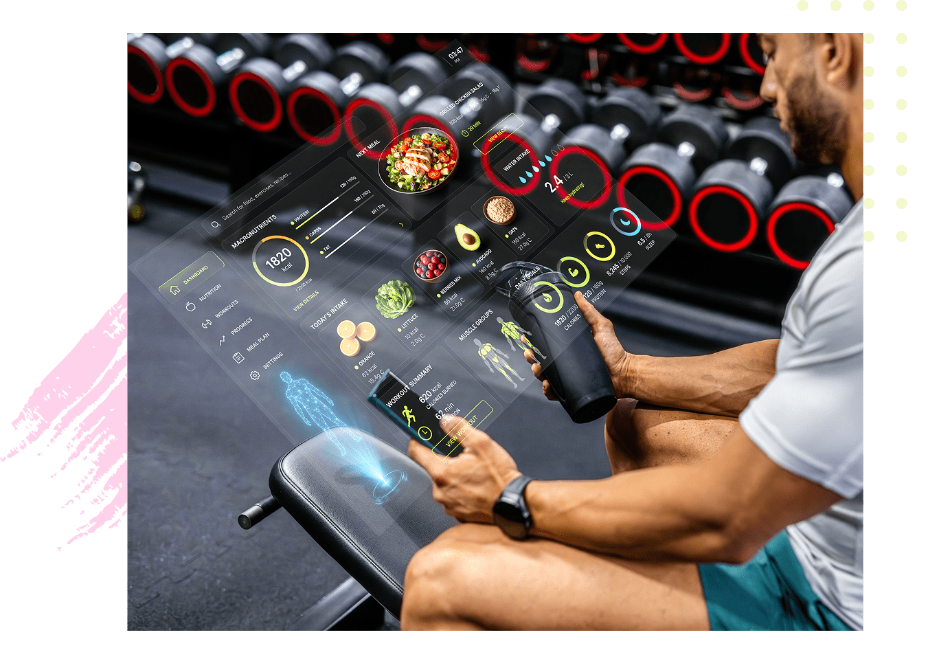 Man using fitness app in gym.
