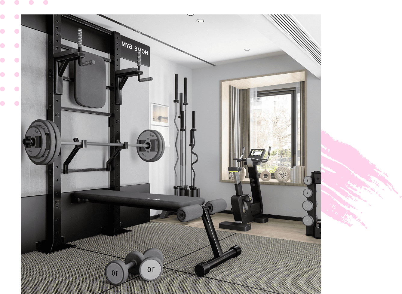 Home gym with weights and exercise equipment.