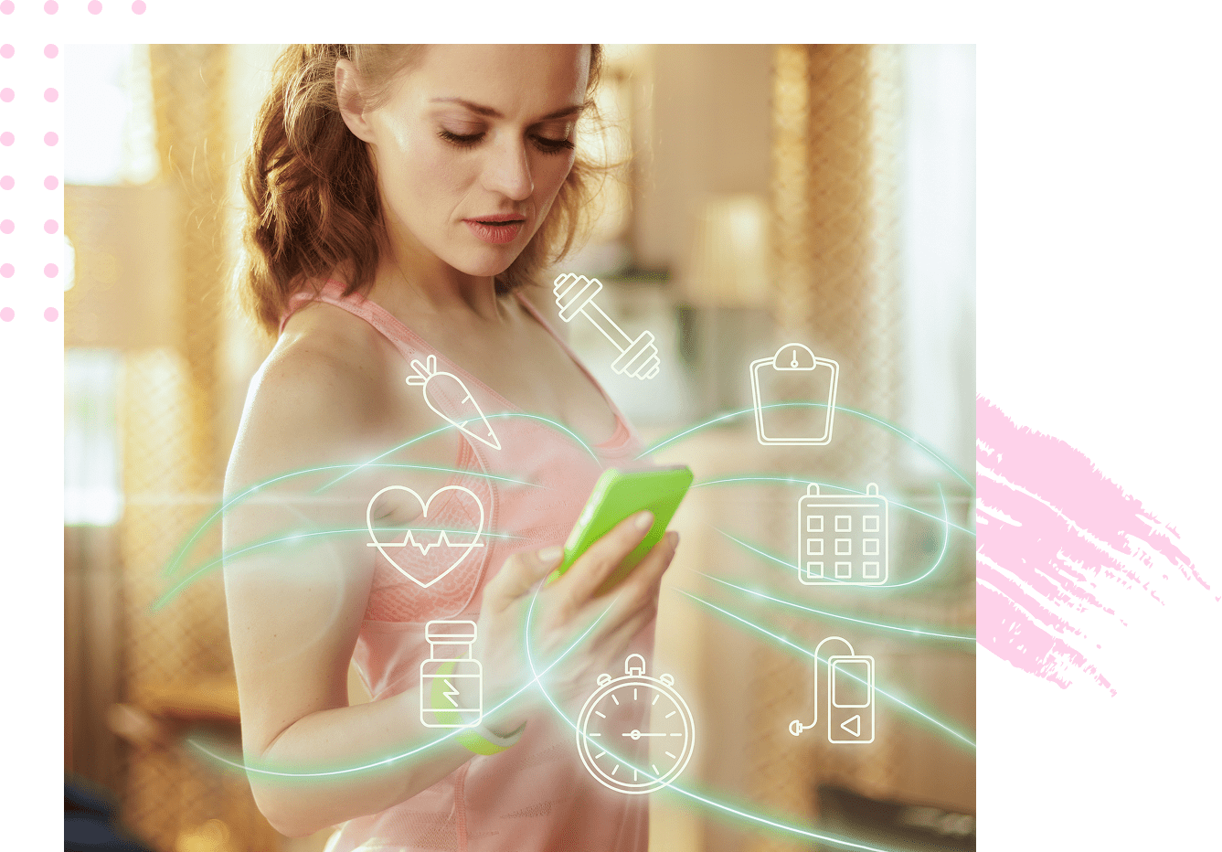 Woman using smartphone with fitness icons overlay.