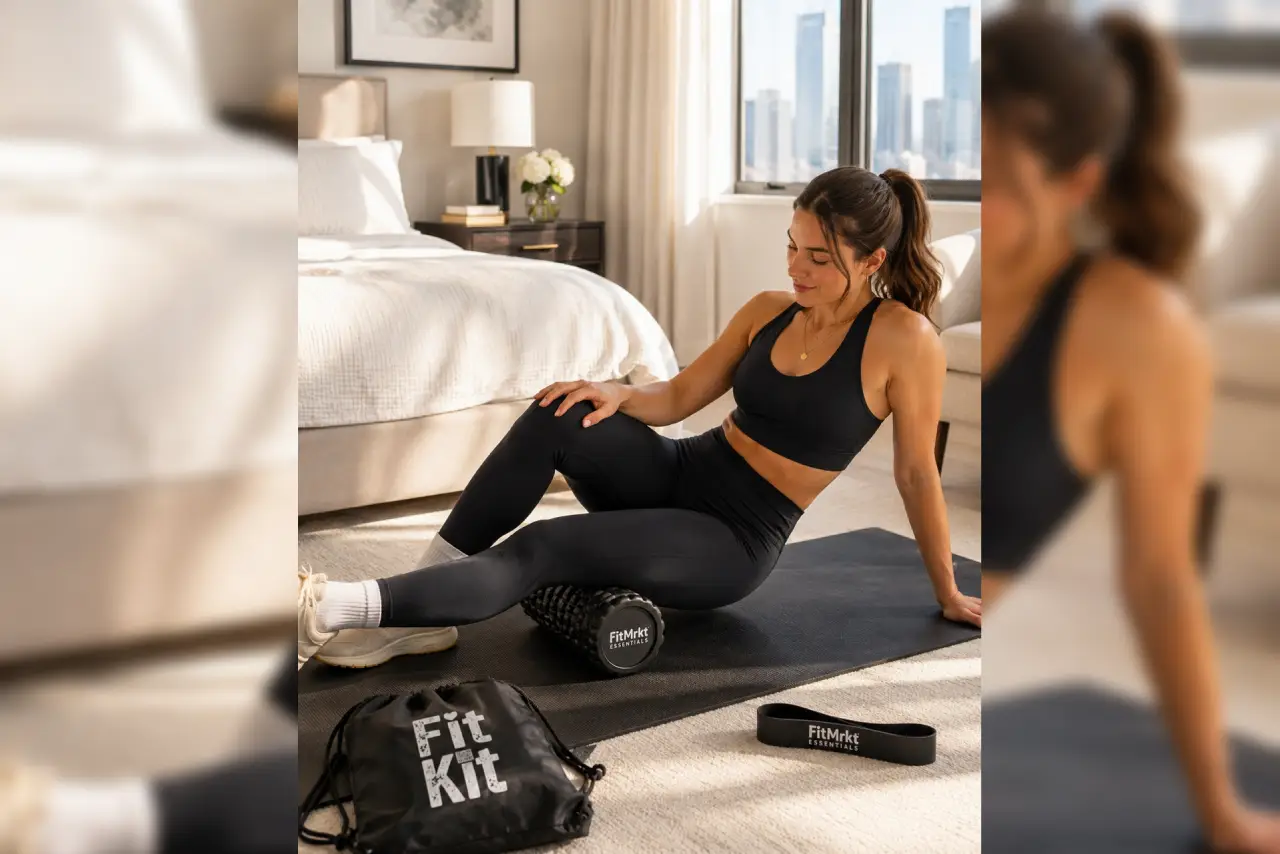 Woman using foam roller in modern bedroom