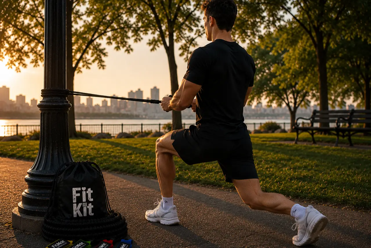 Man performing resistance band lunges in park