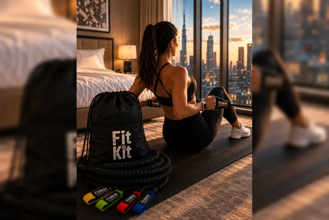 Woman exercising with resistance bands in apartment