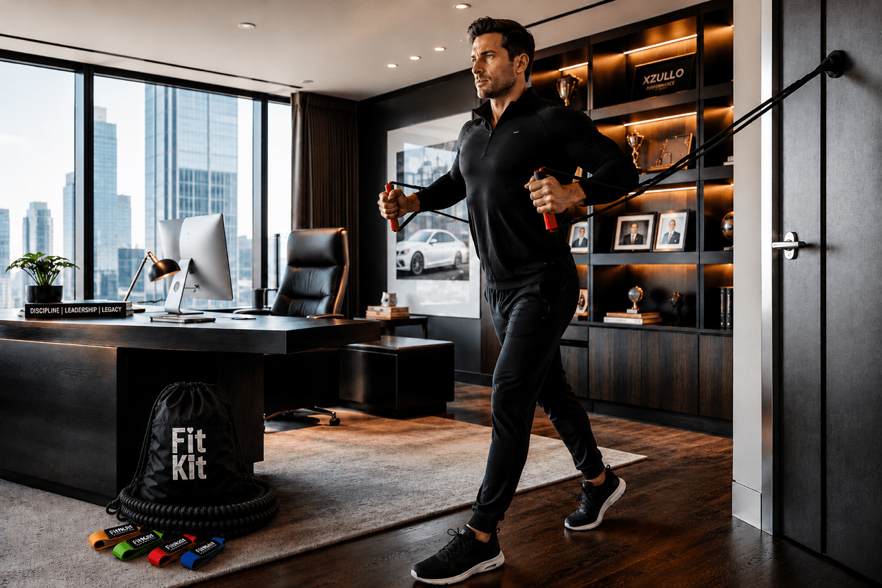 Man exercising with resistance bands in office