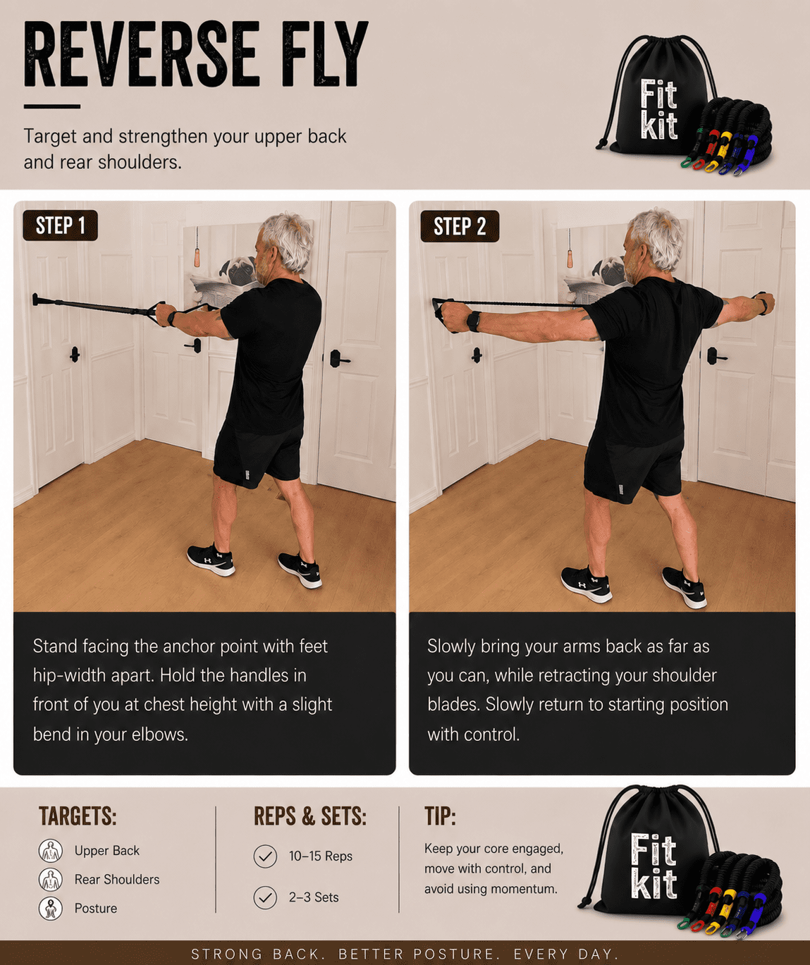 Man performing resistance band reverse fly exercise