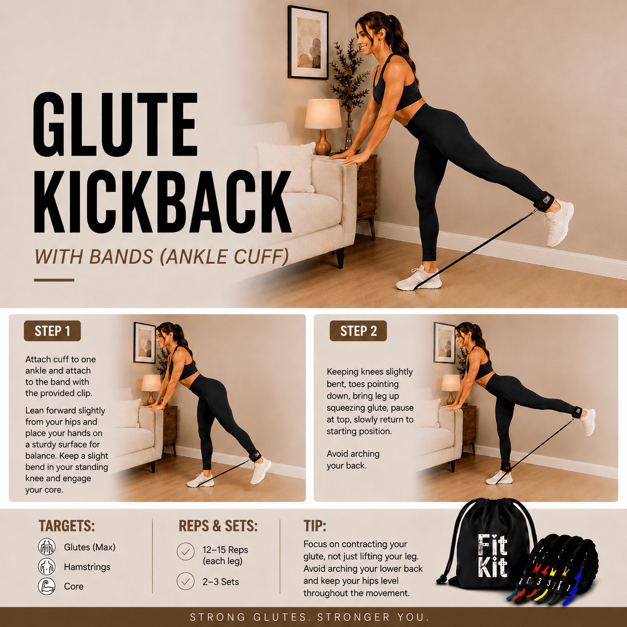 Woman performing glute kickback with ankle band