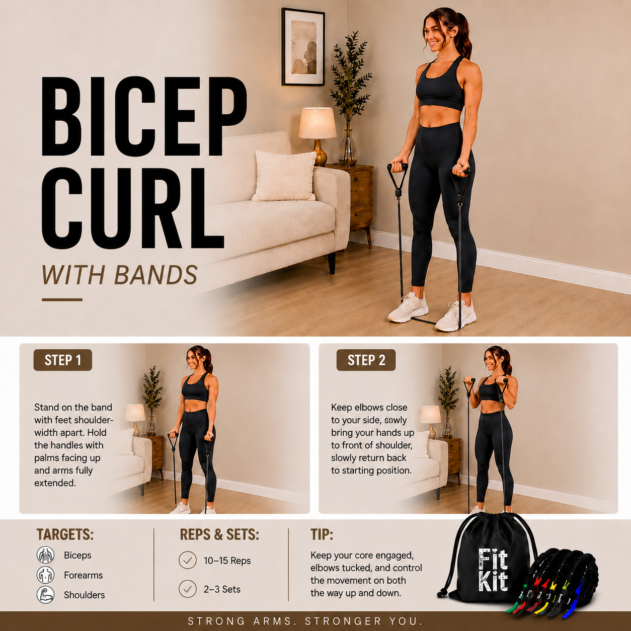 Woman performing resistance band bicep curls