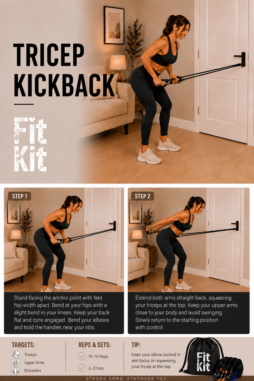 Woman doing resistance band tricep kickback at home