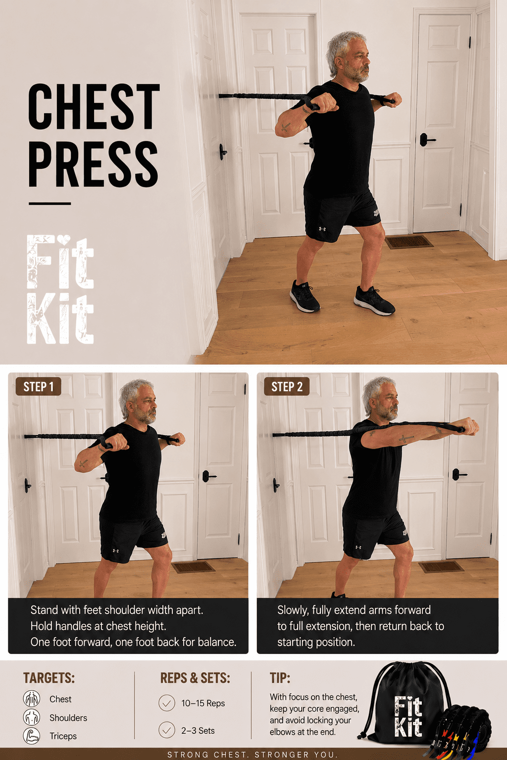Man performing standing chest press exercise