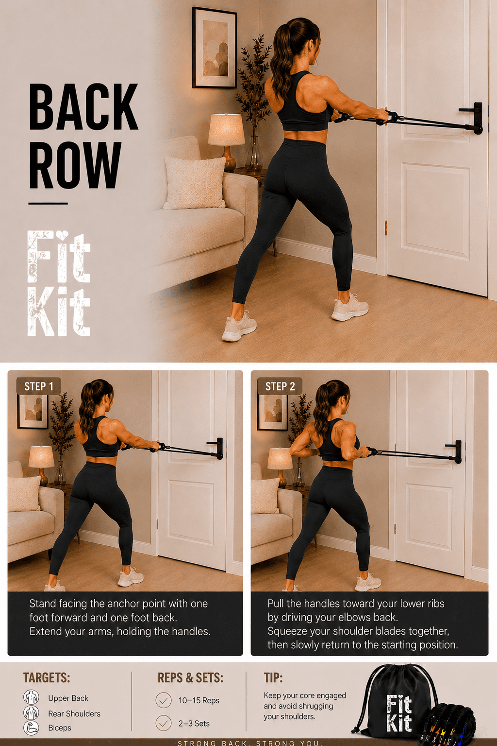 Woman performing back row with resistance band